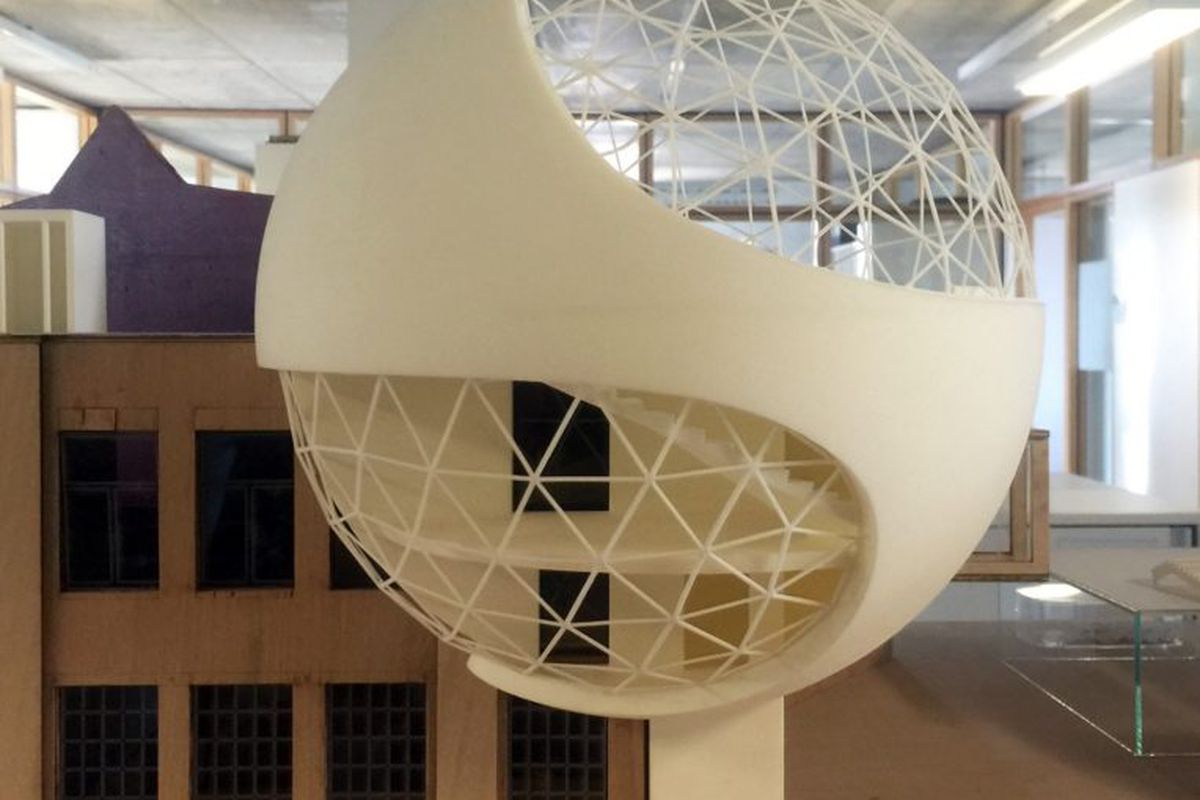 model of a Oscar Niemeyer spherical addition to a German factory 