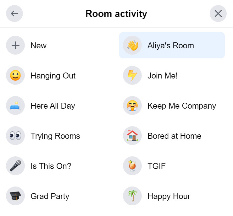 The Room activity window gives you multiple options for designating the purpose of your rooms, such as “Hanging Out,” “Keep Me Company,” and “Trying Rooms.”