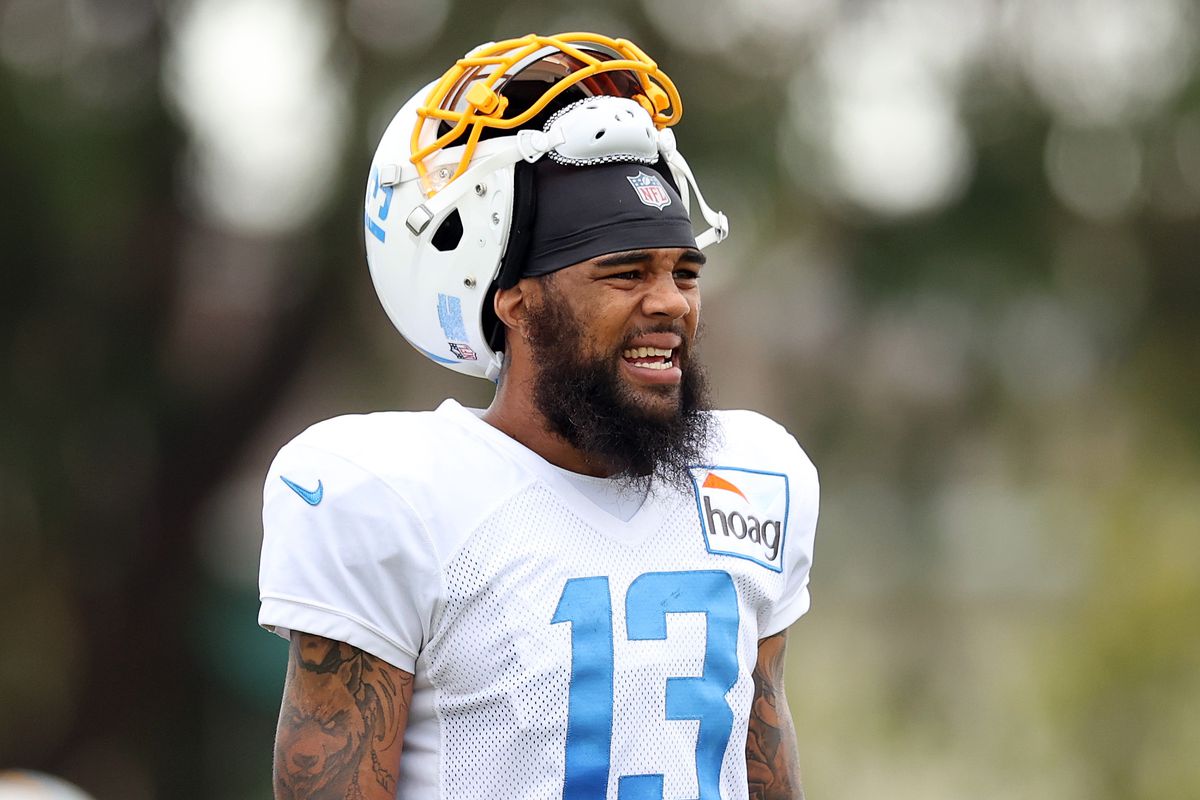 Keenan Allen #13 of the Los Angeles Chargers during Los Angeles Chargers training camp at Jack Hammett Sports Complex on August 06, 2021 in Costa Mesa, California.