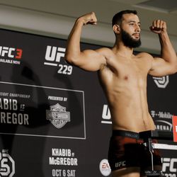 Dominick Reyes poses after making weight at UFC 229 weigh-ins.