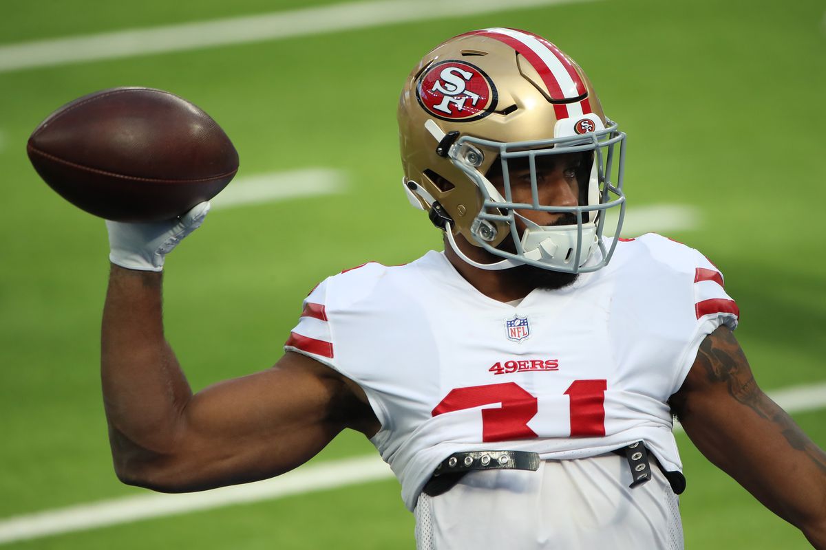 Raheem Mostert #31 of the San Francisco 49ers warms up before the game against the Los Angeles Rams at SoFi Stadium on November 29, 2020 in Inglewood, California.
