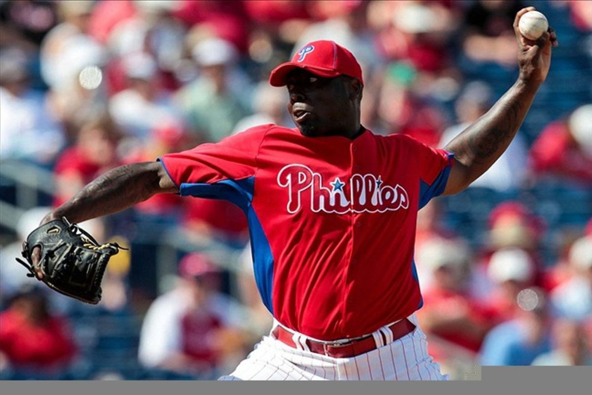 March 7, 2012; Clearwater FL, USA; Philadelphia Phillies starting pitcher Dontrelle Willis (53) pitches in the sixth inning of the game against the Houston Astros at Bright House Field. Mandatory Credit: Daniel Shirey-US PRESSWIRE