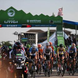 Cyclists make a neutral start in Stage 4 of the Tour of Utah in South Jordan on Thursday, Aug. 3, 2017.