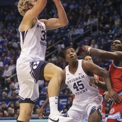 Brigham Young Cougars forward Caleb Lohner (33) goes up for a layup as BYU plays Loyola Marymount in an NCAA basketball game at Marriott Center in Provo on Thursday, Feb. 24, 2022.  