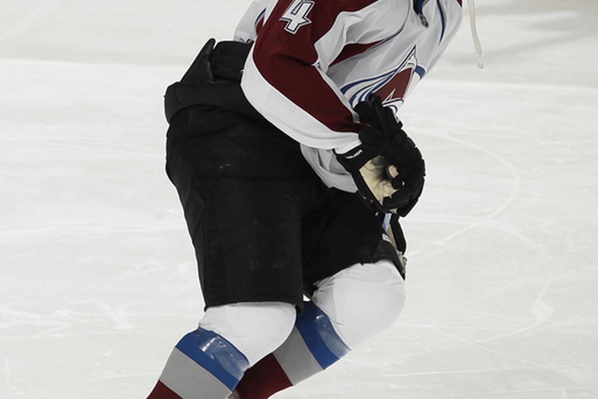SUNRISE FL - DECEMBER 7: John-Michael Liles #4 of the Colorado Avalanche skates prior to the game against the Florida Panthers on December 7 2010 at the BankAtlantic Center in Sunrise Florida. (Photo by Joel Auerbach/Getty Images)