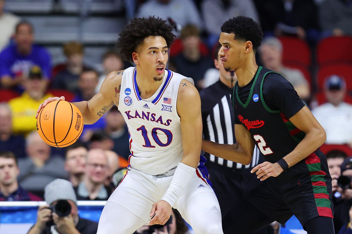 DES MOINES, IOWA - MARCH 16: Jalen Wilson #10 of the Kansas Jayhawks drives to the basket whilst under pressure from Steve Settle III #2 of the Howard Bison during the first half in the first round of the NCAA Men’s Basketball Tournament at Wells Fargo Arena on March 16, 2023 in Des Moines, Iowa.