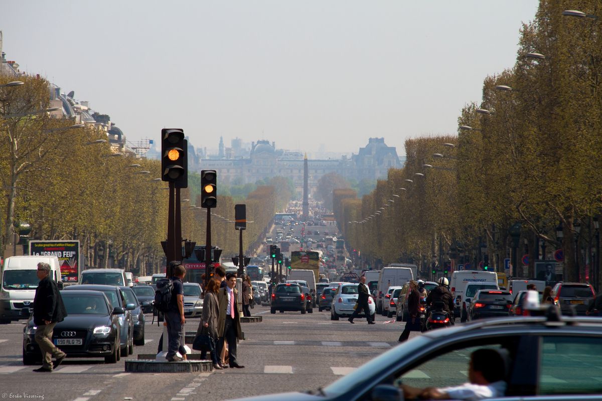 View of the Obelisk at Place de la Concorde down the broad avenue of the Champs-Élysées.