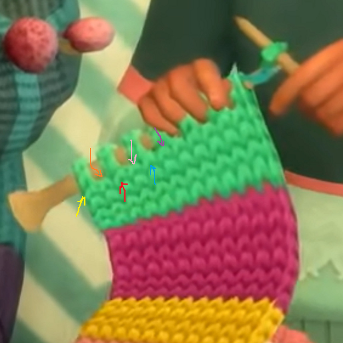 Close up of The Sims 4 knitting animation