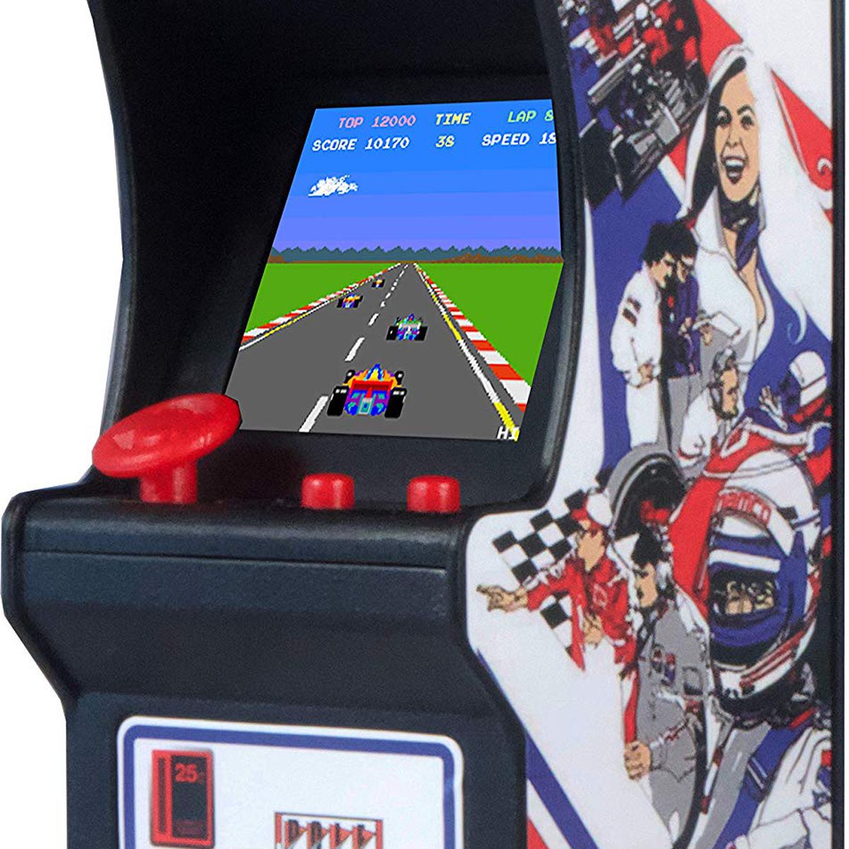 A product shot of the Tiny Arcade Pole Position cabinet