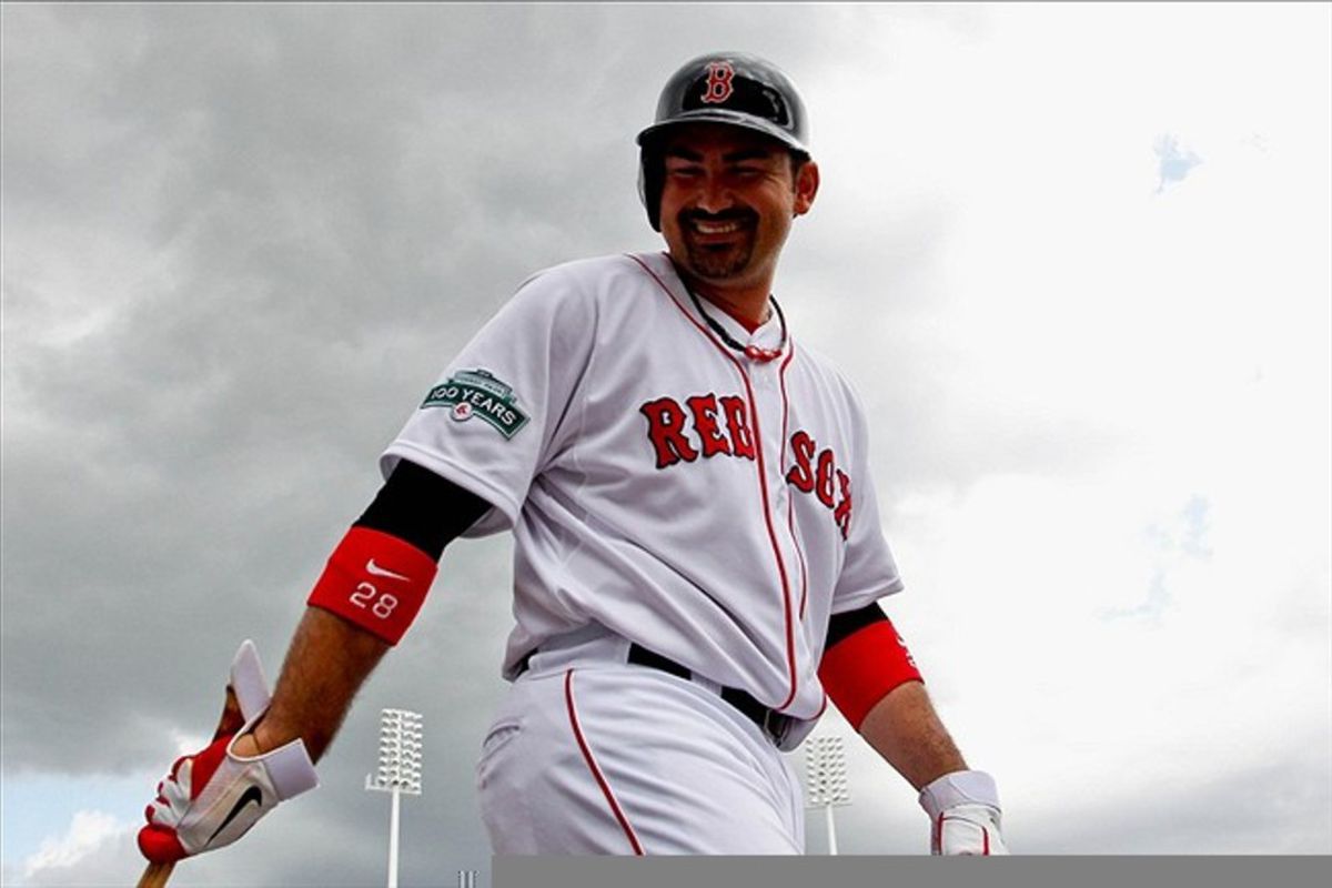 March 15, 2012; Fort Myers, FL, USA; Boston Red Sox first baseman Adrian Gonzalez (28) during the fifth inning of a spring training game against the St. Louis Cardinals at Jet Blue Park. Mandatory Credit: Derick E. Hingle-US PRESSWIRE