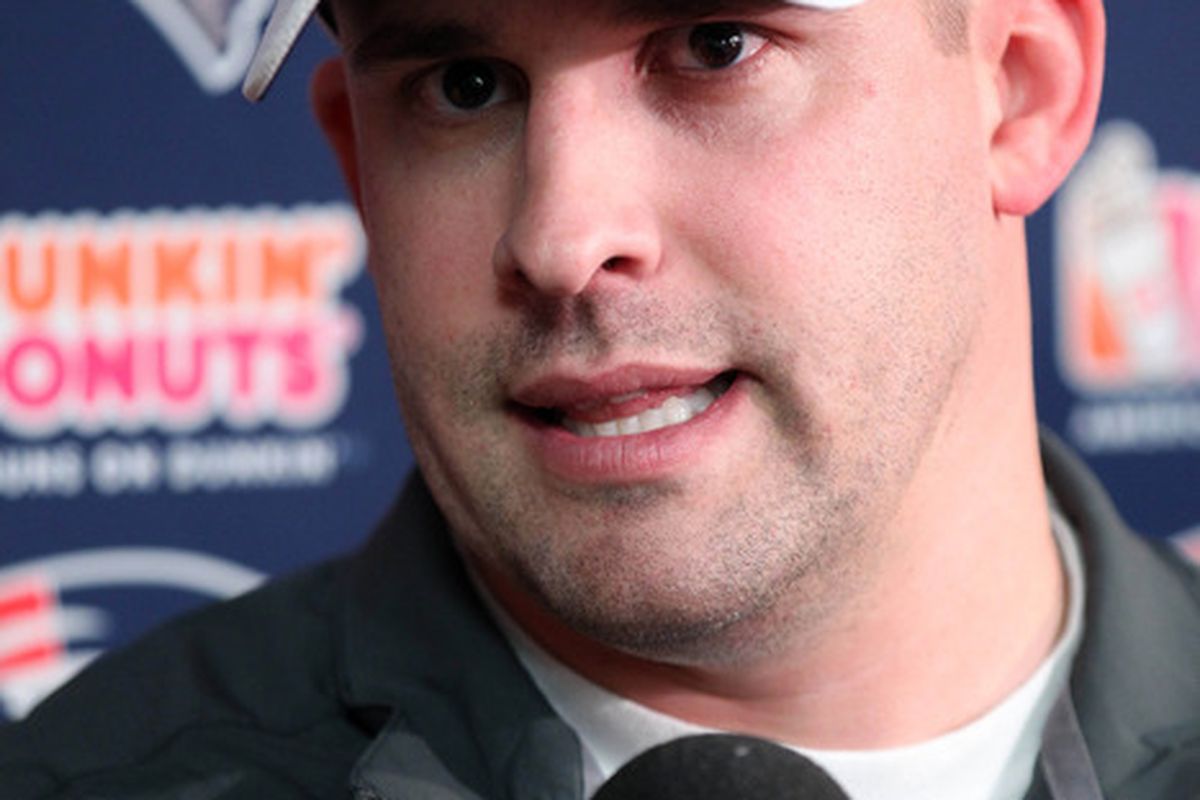 May 11, 2012; Foxborough, MA, USA; New England Patriots offensive coordinator Josh McDaniels speaks withe the media prior to rookie mini camp at Gillette Stadium. Mandatory Credit: Stew Milne-US PRESSWIRE