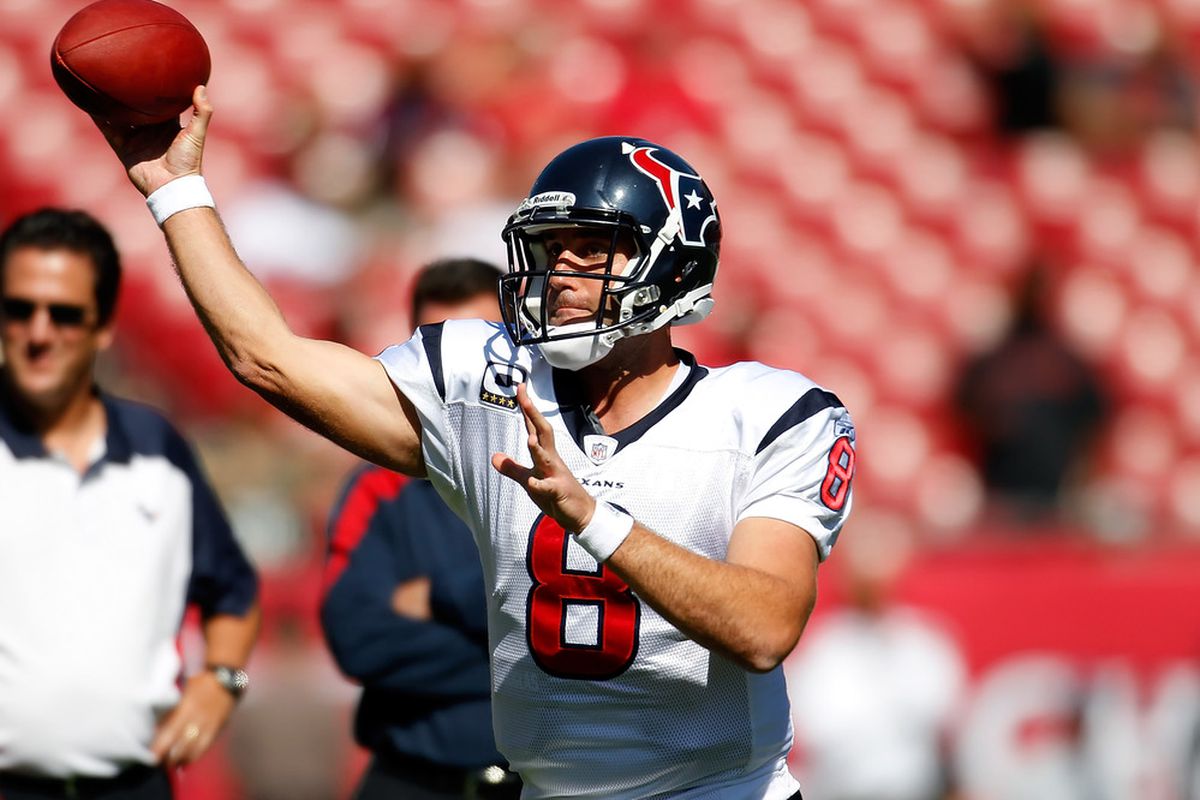 TAMPA, FL - NOVEMBER 13:  Quarterback Matt Schaub #8 of the Houston Texans warms up against the Tampa Bay Buccaneers at Raymond James Stadium on November 13, 2011 in Tampa, Florida.  (Photo by J. Meric/Getty Images)
