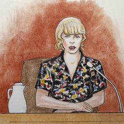 In this courtroom sketch, pop singer Taylor Swift speaks from the witness stand during a trial Thursday, Aug. 10, 2017, in Denver. Swift testified Thursday that David Mueller, a former radio DJ, reached under her skirt and intentionally grabbed her backside during a meet-and-a-greet photo session before a 2013 concert in Denver.