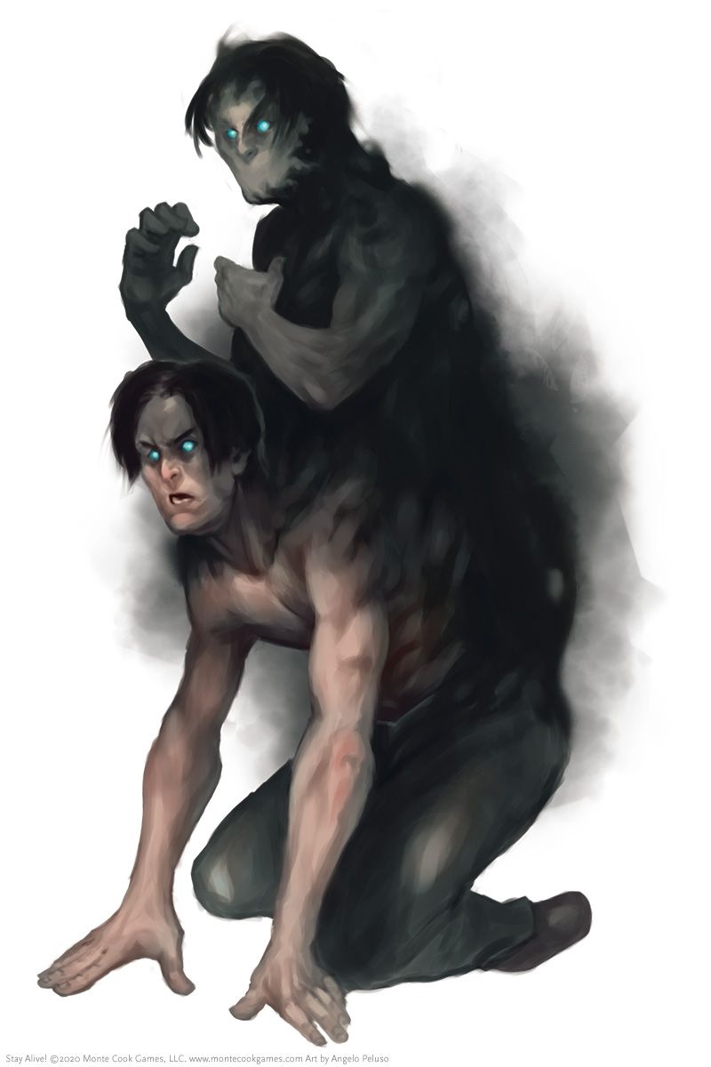 A man with glowing blue eyes, shirtless, is on all fours. A shadowy, spectral image of himself rises from his back.