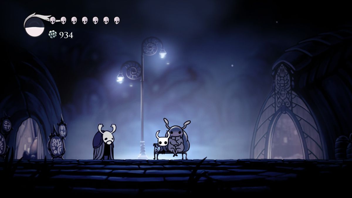 A small bug named The Knight sits next to a caterpillar-like bug Bretta on the Forgotten Crossroads bench in the game Hollow Knight. Bretta blushes.