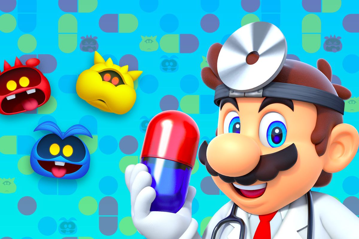 Dr. Mario holds up a red and blue pill