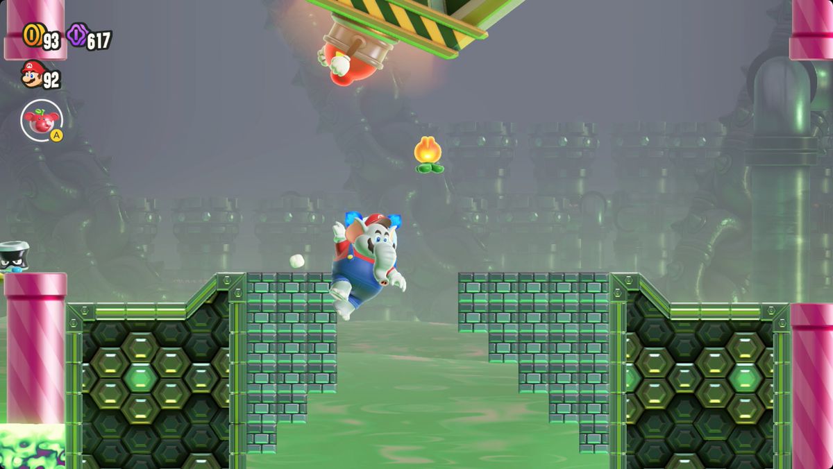 Super Mario Bros. Wonder Evade the Seeker Bullet Bills! screenshot showing the route to a Wonder Flower.