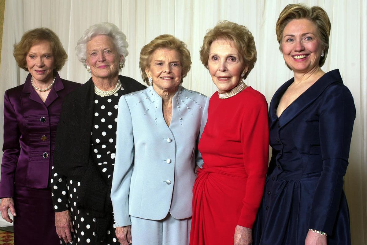 FILE - In this Jan. 17, 2003 file photo, former first ladies get together for a group photo at a gala 20th anniversary fundraising event saluting Betty Ford and the Betty Ford Center in Indian Wells, Calif. From left are Rosalynn Carter, Barbara Bush, Bet