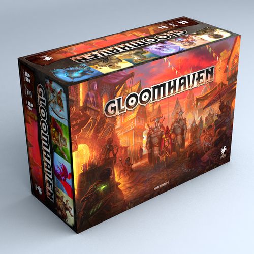 The box for the Gloomhaven tabletop game. It’s one of the heaviest games ever sold art retail, coming in at close to 20 pounds shipping weight. The cover art is warm and colorful, depicting a party of four heroes striding down a crowded street in a small