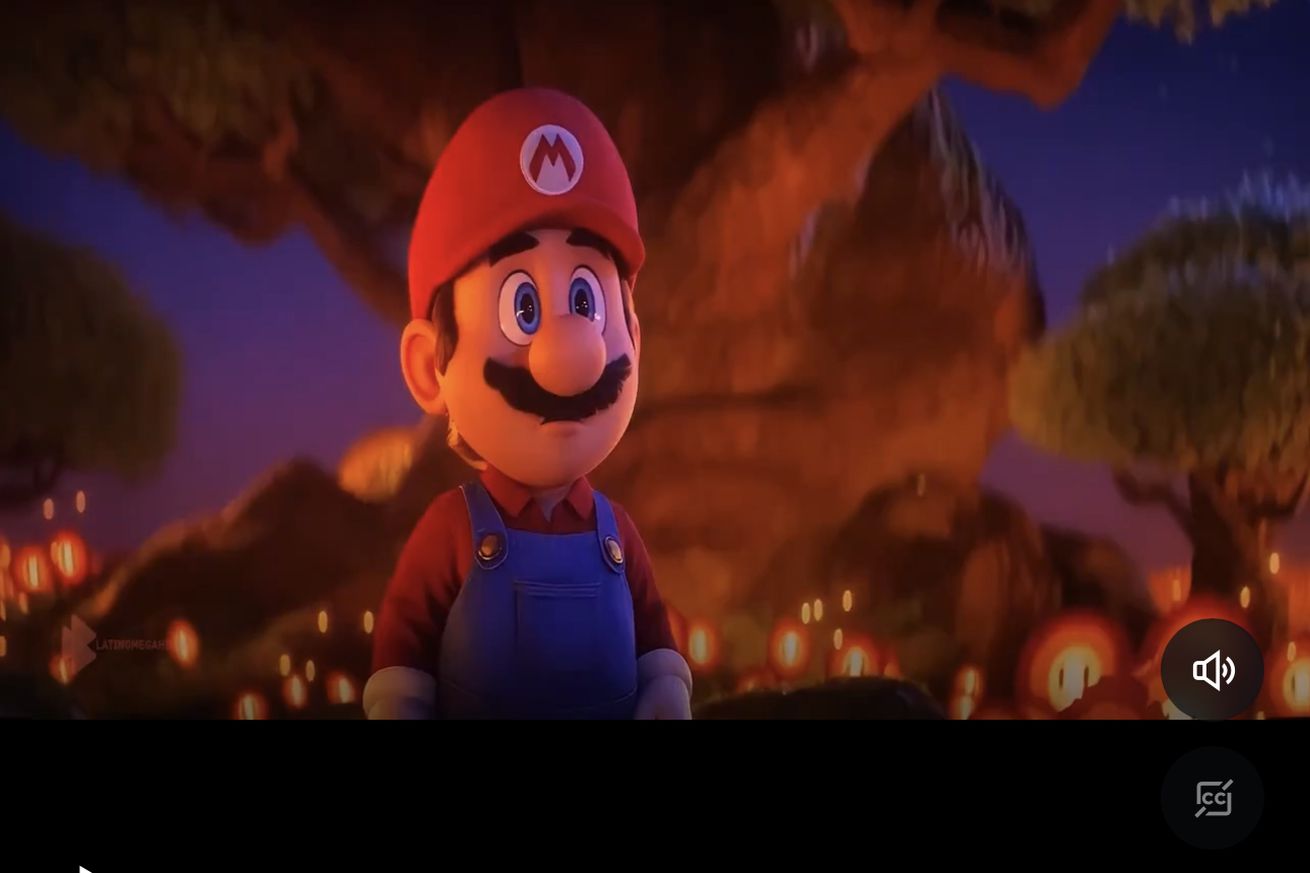 The Super Mario Bros. Movie playing in a Tweet. Mario looks concerned.