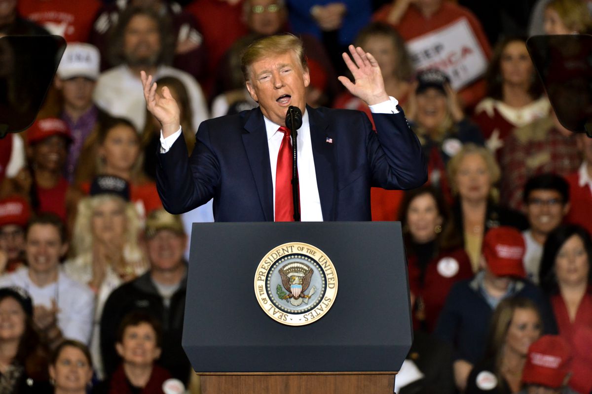 President Trump at a rally holding up his hands and mocking former Democratic presidential candidate Beto O’Rourke.