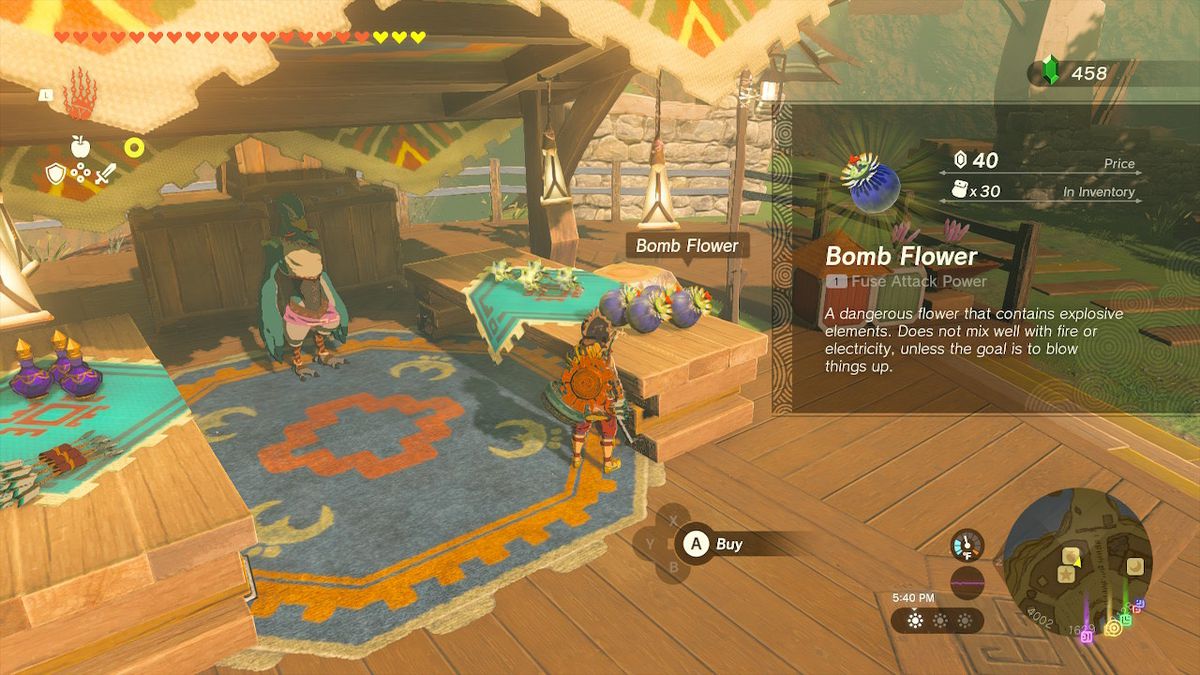Link buys bomb flowers from a shop in Tarrey Town in Zelda Tears of the Kingdom.