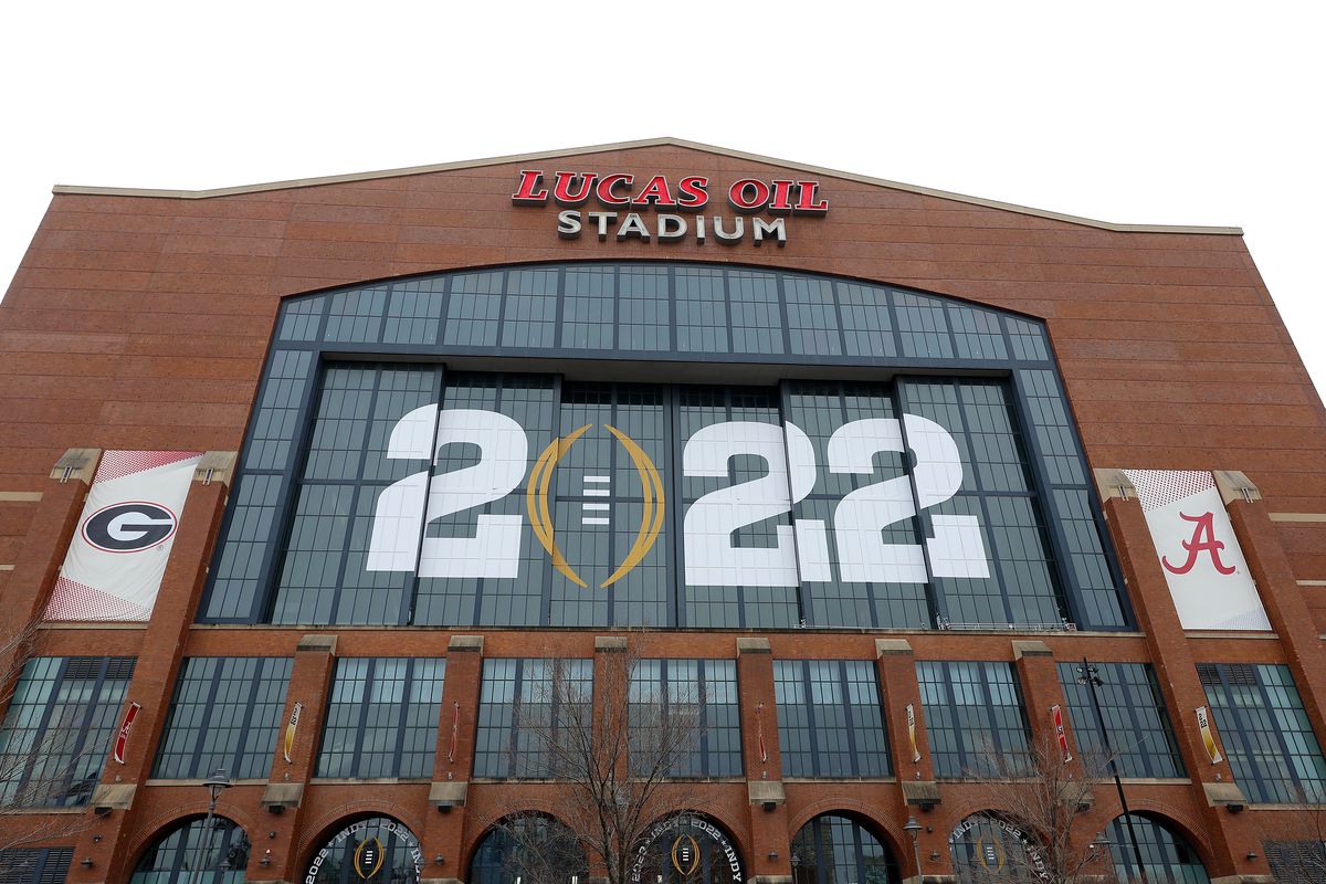 A view of Lucas Oil Stadium ahead of the 2022 CFP National Championship between the Alabama Crimson Tide and the Georgia Bulldogs on January 09, 2022 in Indianapolis, Indiana.