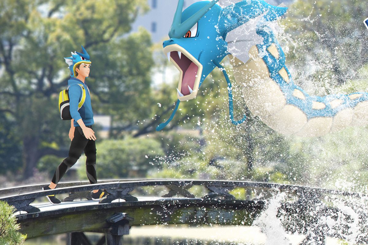 A trainer encounters a Gyarados in artwork from Pokémon Go