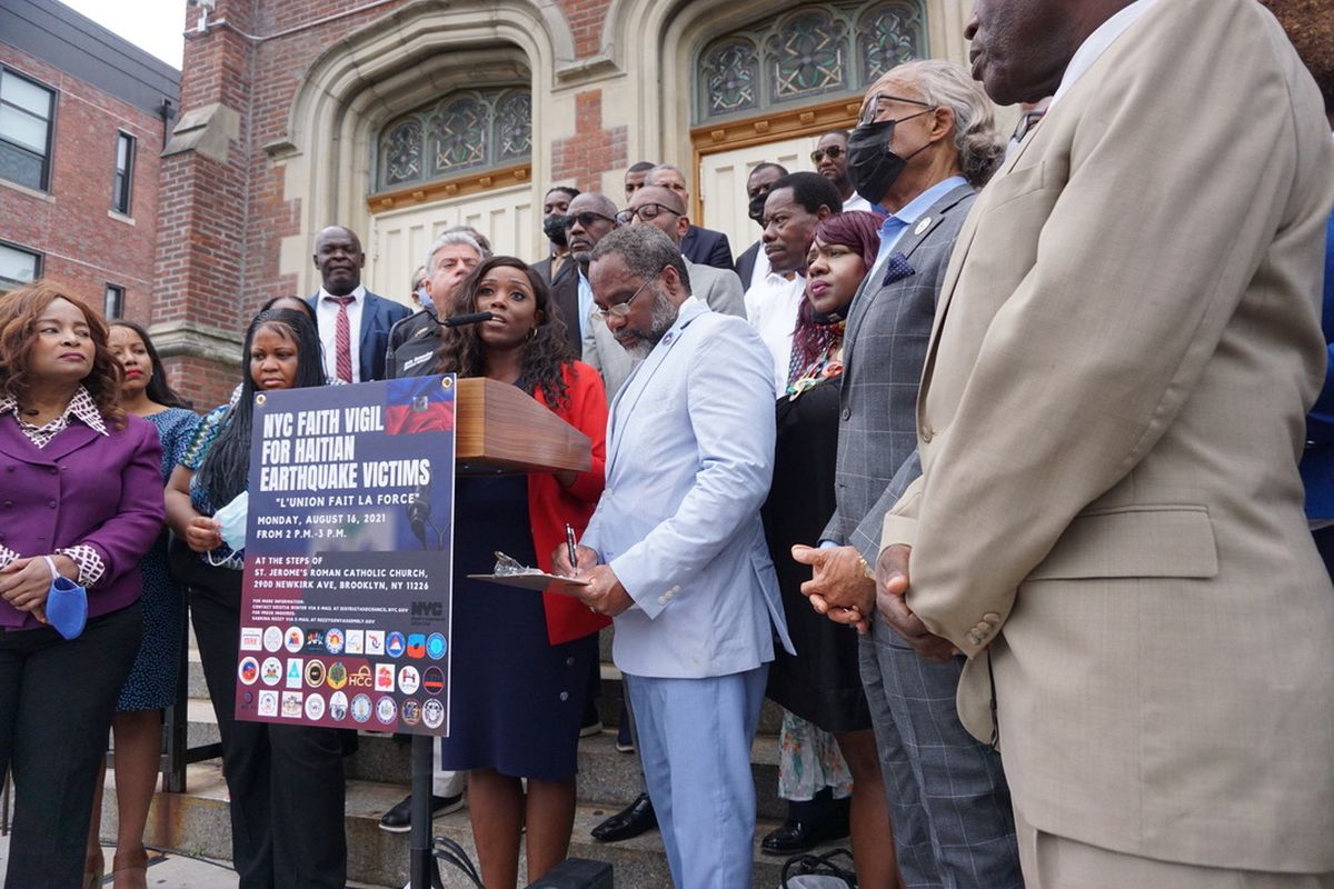 Councilmember Farah Louis, Jackson Rockingster, and Rev. Al Sharpton were among activists and politicians at a rally for Haiti in front of Saint Jerome’s Roman Catholic Church in Flatbush, Brooklyn, Aug. 16, 2021.