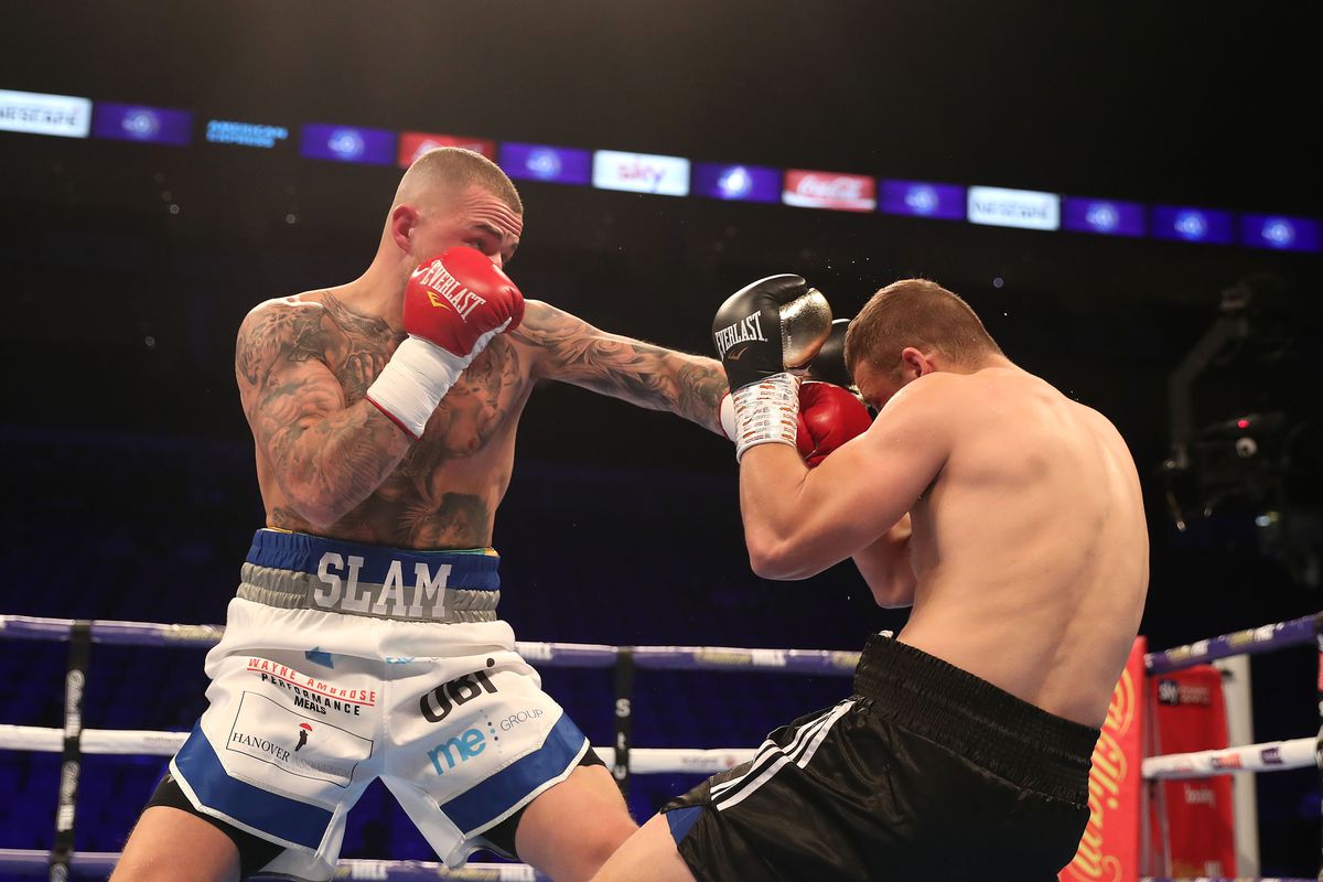 Sam Hyde (L) of Great Britain in action as he beats Jozef Jurko of Slovakia at The O2 Arena on April 20, 2019 in London, England.