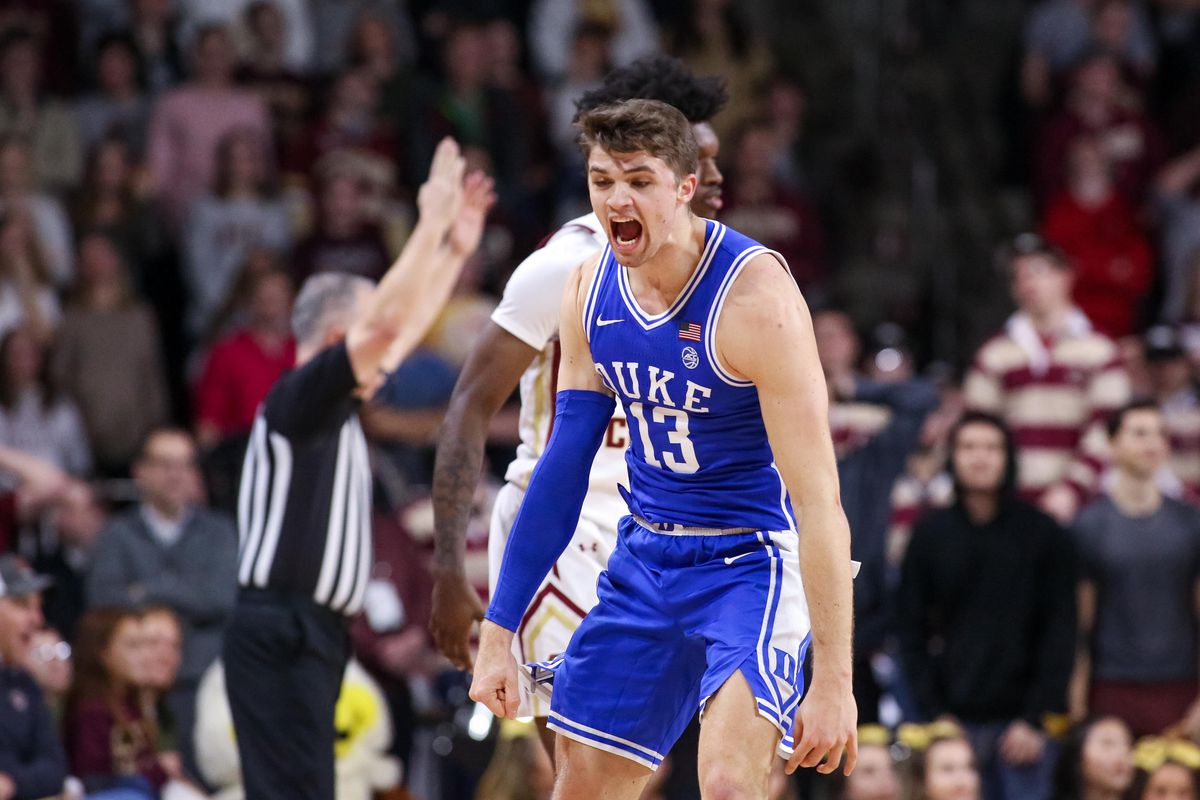 Duke Blue Devils forward Joey Baker reacts after making a three pointer during the second half against the Boston College Eagles at Conte Forum.