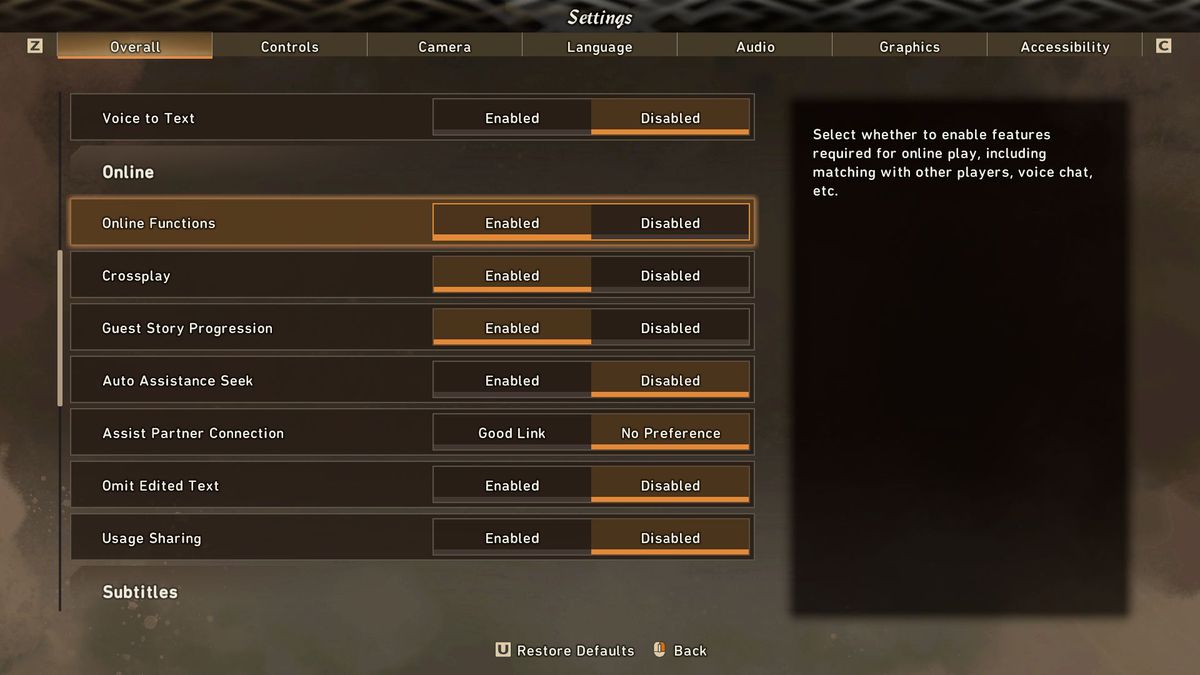 El menú multijugador de Wild Hearts muestra opciones para alternar varias configuraciones en línea.