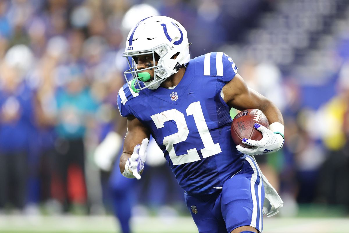 Nyheim Hines #21 of the Indianapolis Colts against the New York Jets at Lucas Oil Stadium on November 04, 2021 in Indianapolis, Indiana.