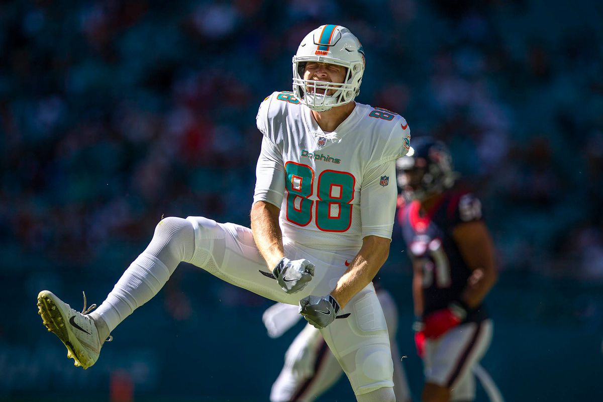 Miami Dolphins Miami Dolphins tight end Mike Gesicki (88) celebrates after making a first down catch during first half action against Houston Texans