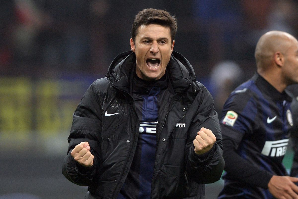 Captain Zanetti passionately celebrates the Derby della Madonnina victory over city rivals, Milan.