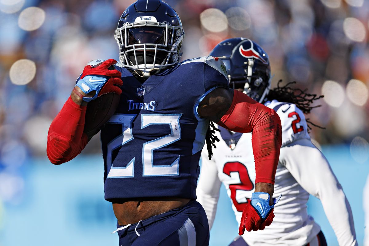 Derrick Henry #22 of the Tennessee Titans runs the ball for a touchdown during a game against the Houston Texans at Nissan Stadium on December 24, 2022 in Nashville, Tennessee. The Texans defeated the Titans 19-14.