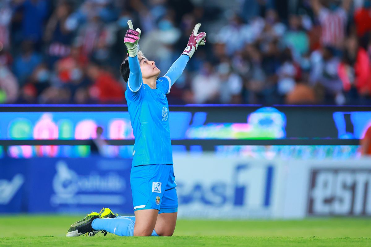 Blanca Felix of Chivas celebrates after winning the match during the final first leg match between Pachuca and Chivas as part of the Torneo Grita Mexico C22 Liga MX Femenil at Hidalgo Stadium on May 20, 2022 in Pachuca, Mexico.