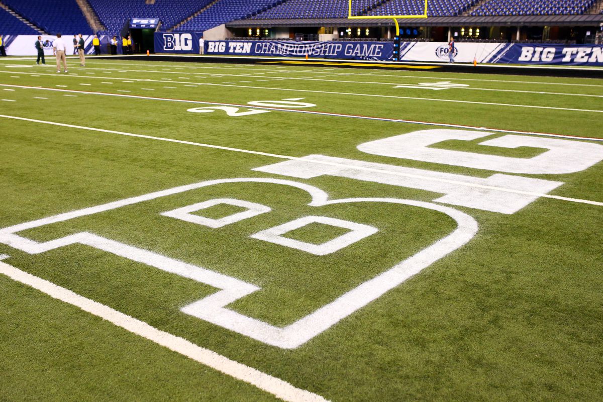 Dec 5, 2015; Indianapolis, IN, USA; A Big Ten logo on the field before the Big Ten Conference football championship game between the Iowa Hawkeyes and the Michigan State Spartans at Lucas Oil Stadium. Mandatory Credit: Aaron Doster-USA TODAY Sports