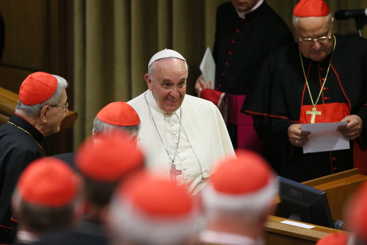 Pope Francis greets the cardinals as he arrives at the Synod Hall for ordinary public consistory on October 20, 2014 in Vatican City, Vatican.