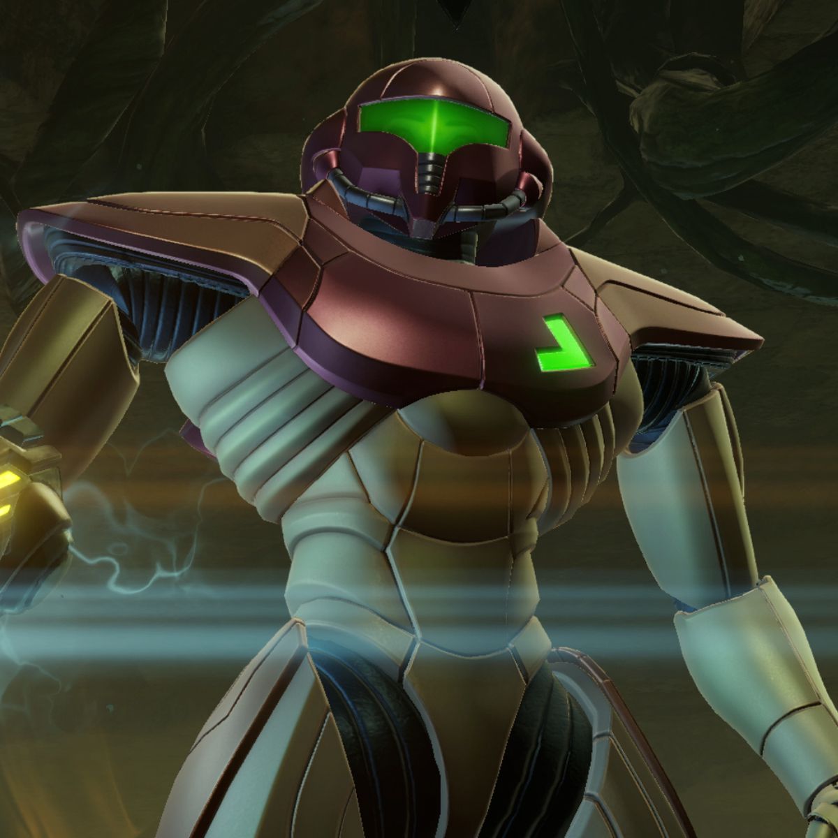 Space bounty hunter Samus stands in her iconic suit of armor in Metroid Prime Remastered