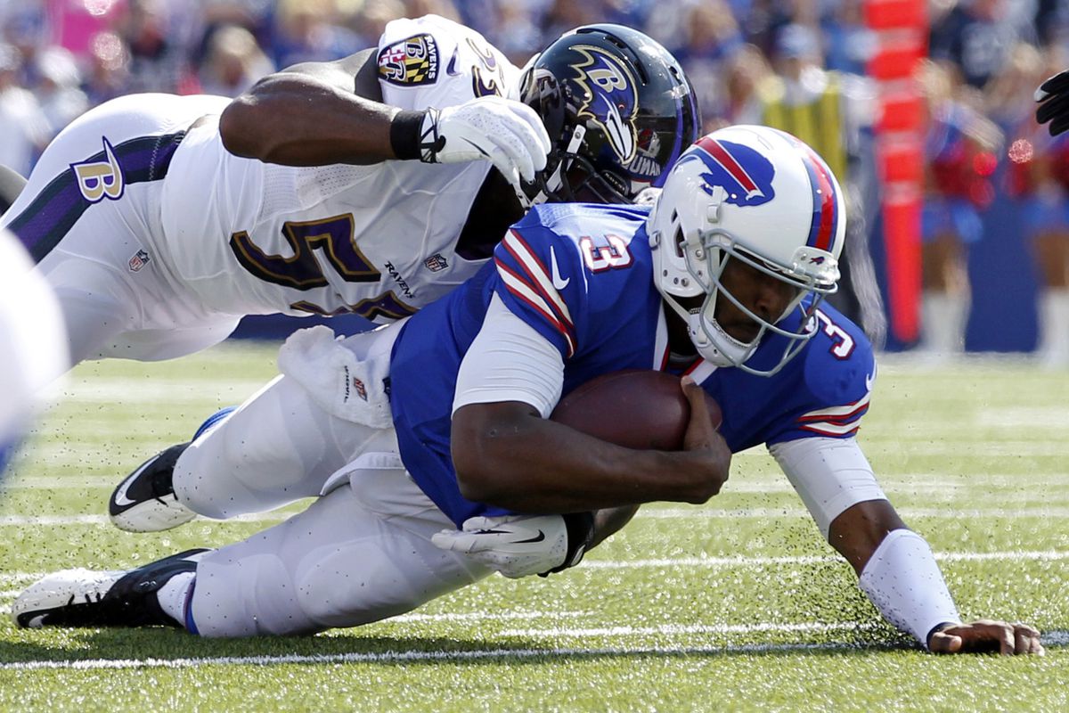 LB Terrell Suggs sacking QB EJ Manuel in loss on Sunday.