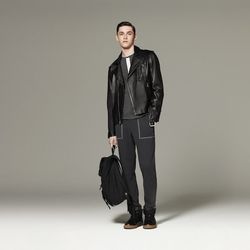 Pique Henley in Charcoal, $22.99; Leather Jacket in Black, $299.99; French Terry Sweatpant in Charcoal, $29.99; Backpack in Black, $29.99; High Top Sneaker in Black, $44.99