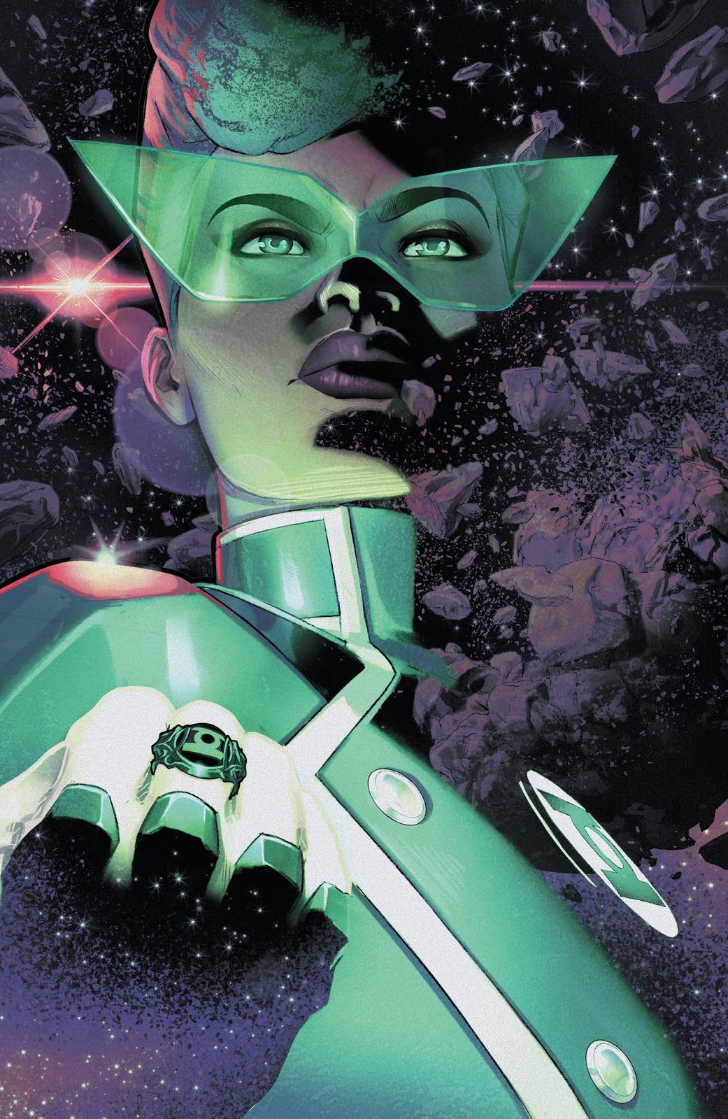 Sojourner Ro, who looks a lot like Janelle Monae, holds up a fist with her Green Lantern ring. 