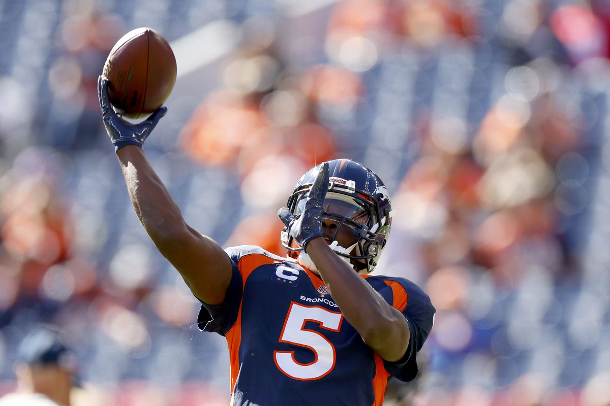 Teddy Bridgewater #5 of the Denver Broncos warms up before the game against the Las Vegas Raiders Empower Field At Mile High on October 17, 2021 in Denver, Colorado.