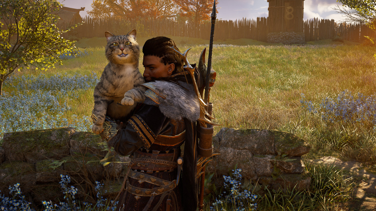 Eivor holding a large cat