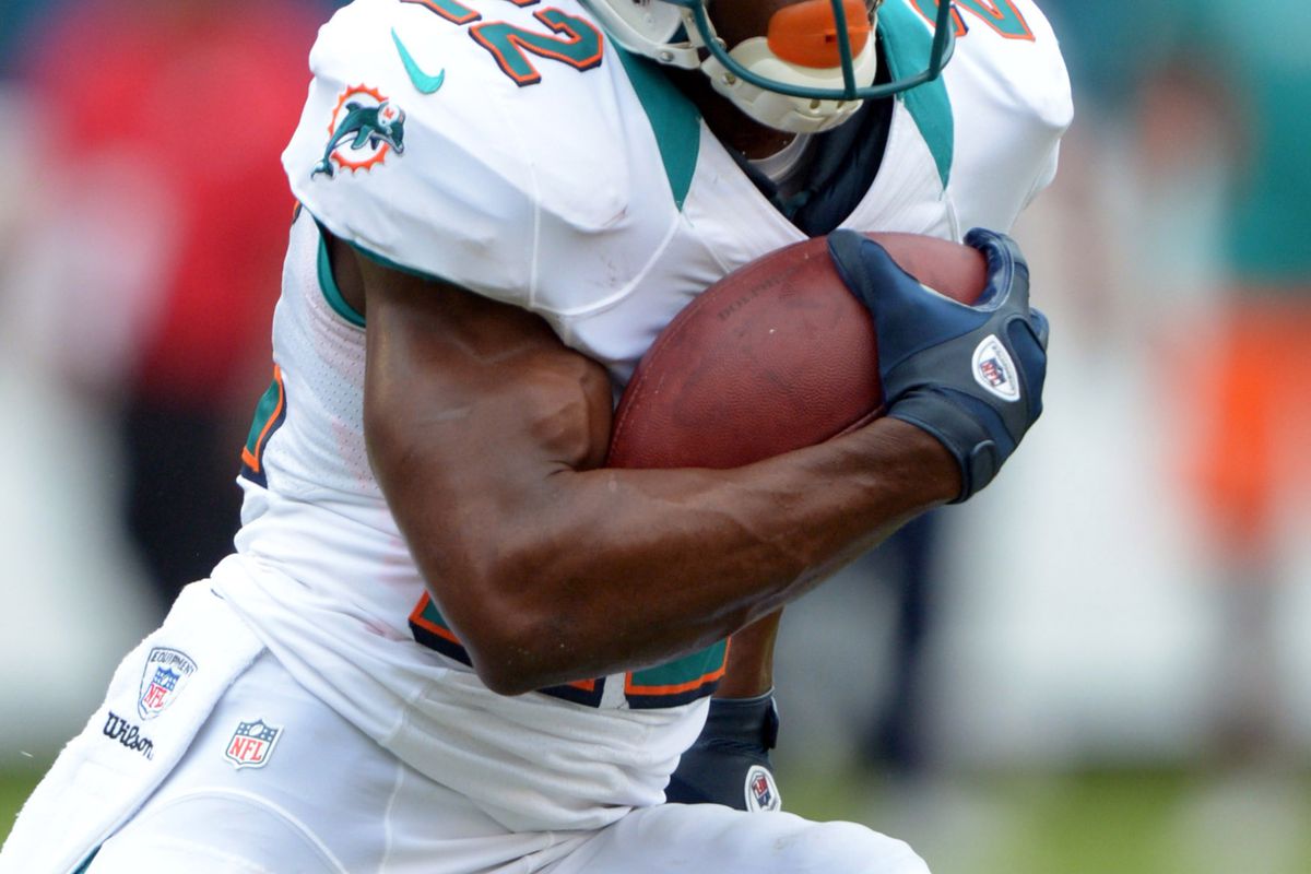 Sep 16, 2012; Miami Gardens, FL, USA; Miami Dolphins running back Reggie Bush (22) carries the ball against the Oakland Raiders at Sun Life Stadium. The Dolphins defeated the Raiders 35-13. Mandatory Credit: Kirby Lee/Image of Sport-US PRESSWIRE