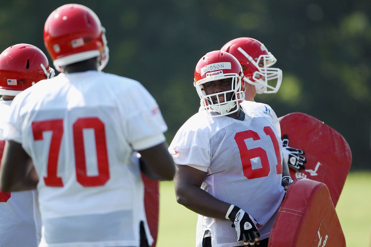 SAINT JOSEPH, MO - JULY 31:  Offensive lineman Rodney Hudson #61 practices during Kansas City Chiefs Training Camp on July 31, 2011 in Saint Joseph, Missouri.  (Photo by Jamie Squire/Getty Images)