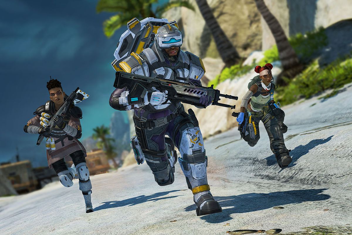 Bagalore, Newcastly, and Lifeline sprinting in Apex Legends