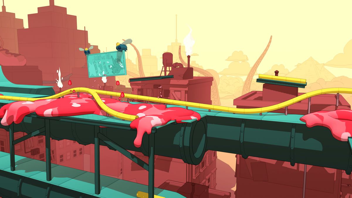 skateboarding over pipes and pink slime in OlliOlli World