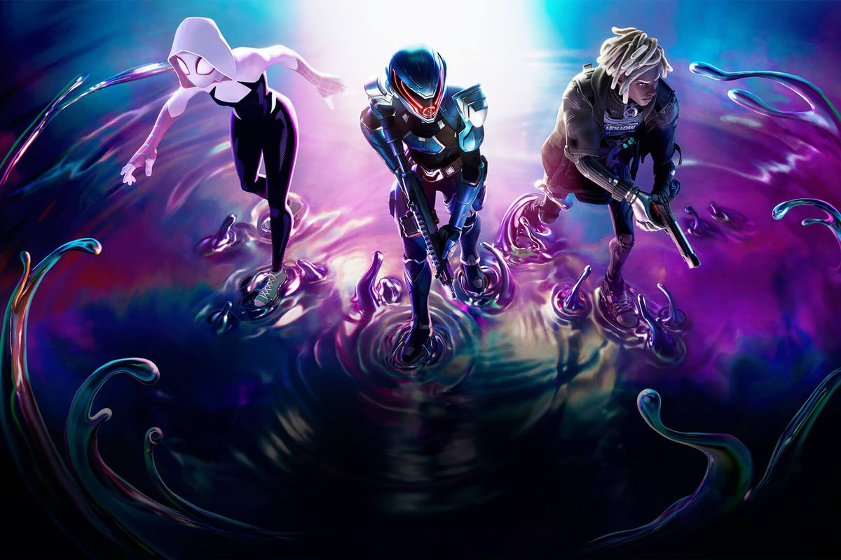 Three characters from Fortnite carefully walk through metallic goo. One is Spider Gwen from Spider-Man, one looks like a robot, and the other wears a hip outfit with bleached dreads.